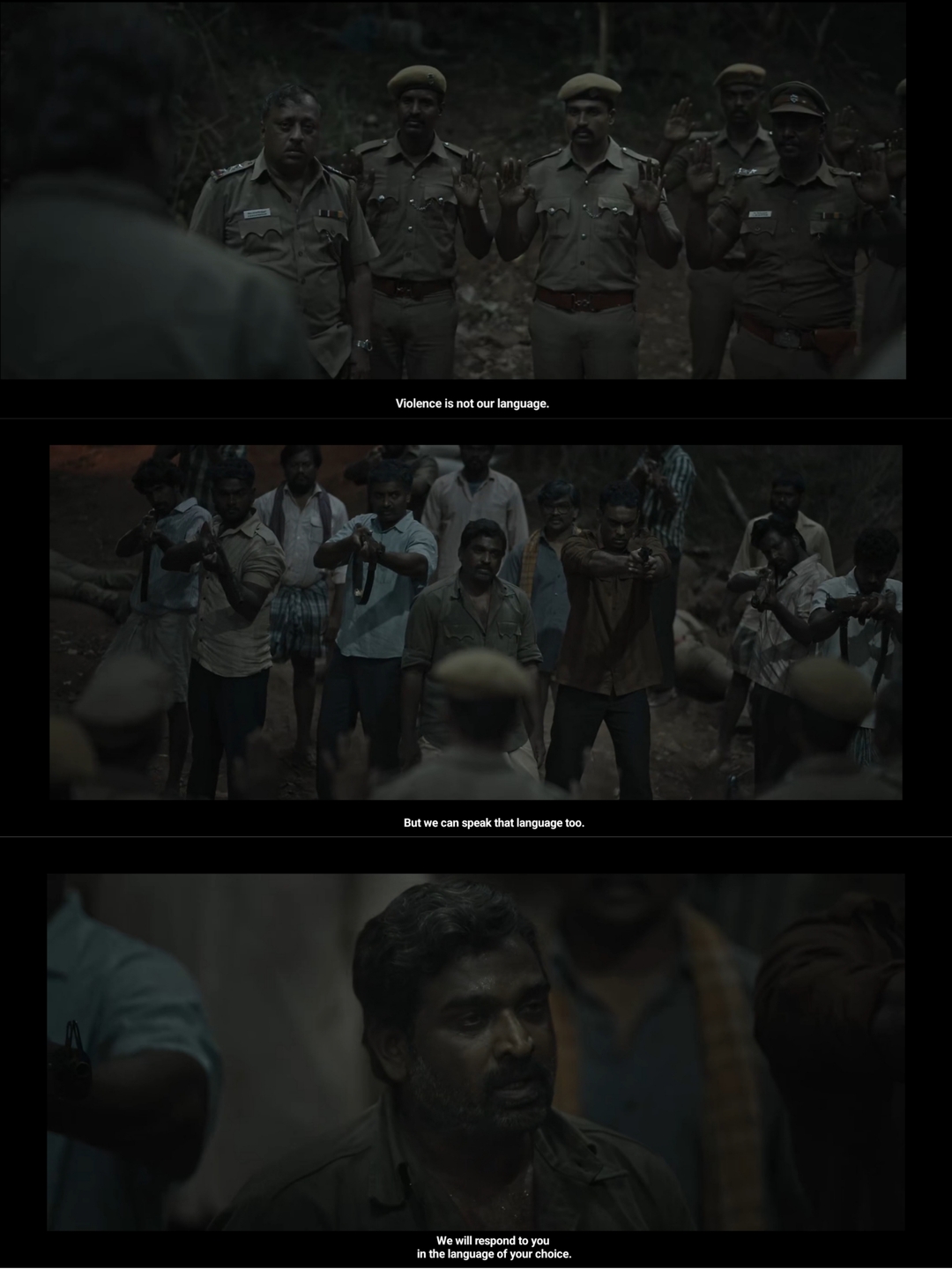 Viduthalai: Part I meme template with Kumaresan (Soori) with Ragavendar (Chetan) with Perumal 'Vaathiyaar' (Vijay Sethupathi) with  (Bala Hasan)