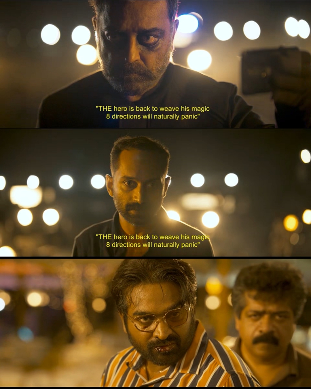 Vikram meme template with Karnan / Arun Kumar Vikram (Kamal Haasan) with Sandhanam (Vijay Sethupathi) with Amar (Fahadh Faasil)
