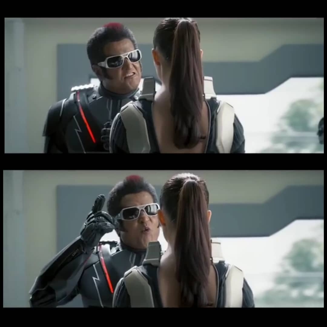 2.0 meme template with Dr. Vaseegaran / Chitti / Kutti (Rajinikanth) with Nila (Amy Jackson)