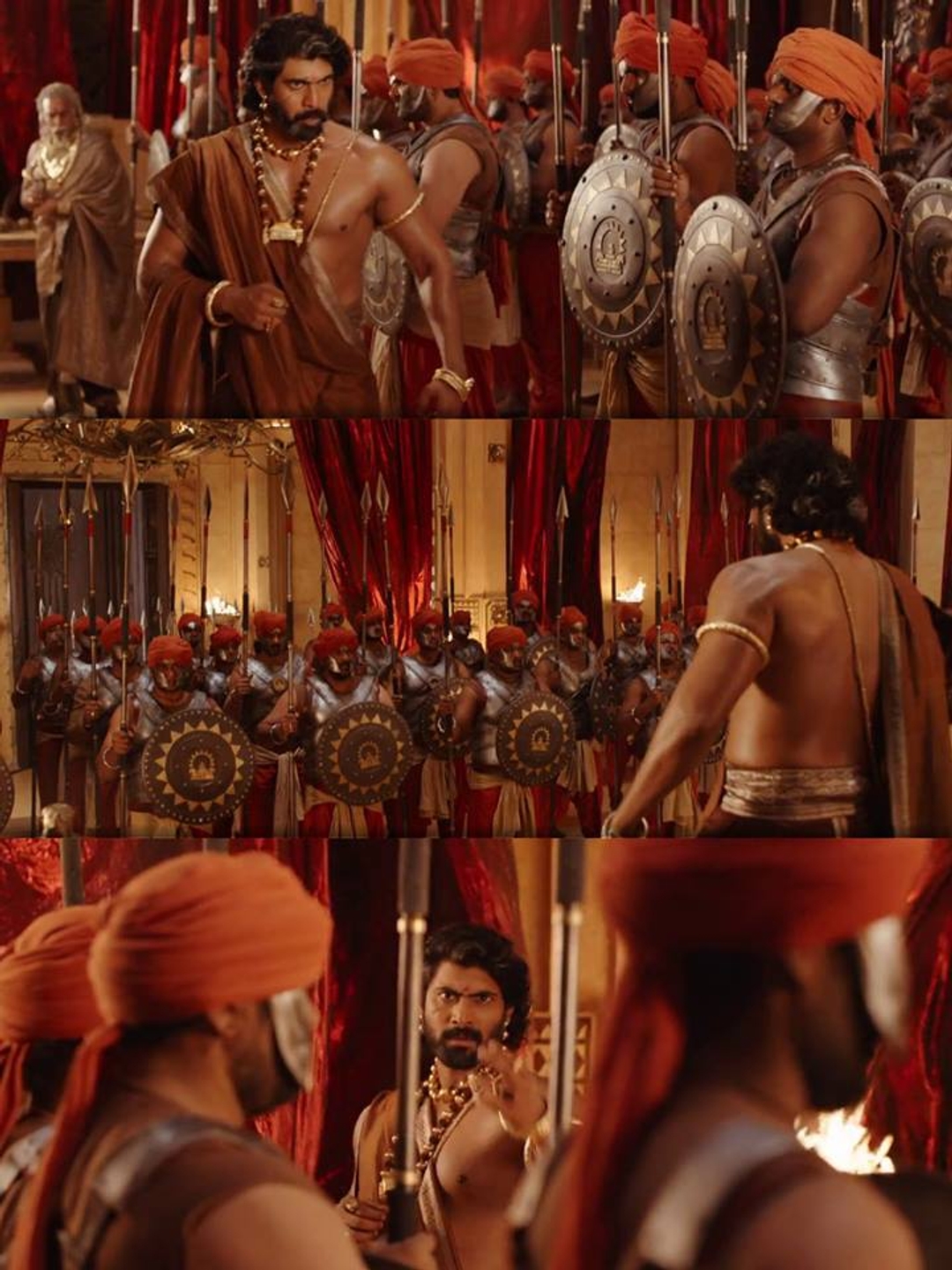 Bāhubali: The Beginning meme template with Sivagami (Ramya Krishnan) with Bijjaladeva (Nassar) with Mahendra "Sivudu" Bāhubali / Amarendra Bāhubali (Prabhas)