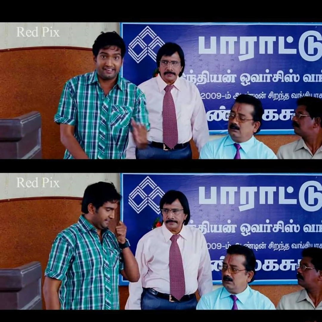 Boss Engira Baskaran meme template with Bhaskaran (Arya) with Nallathambi (Santhanam)