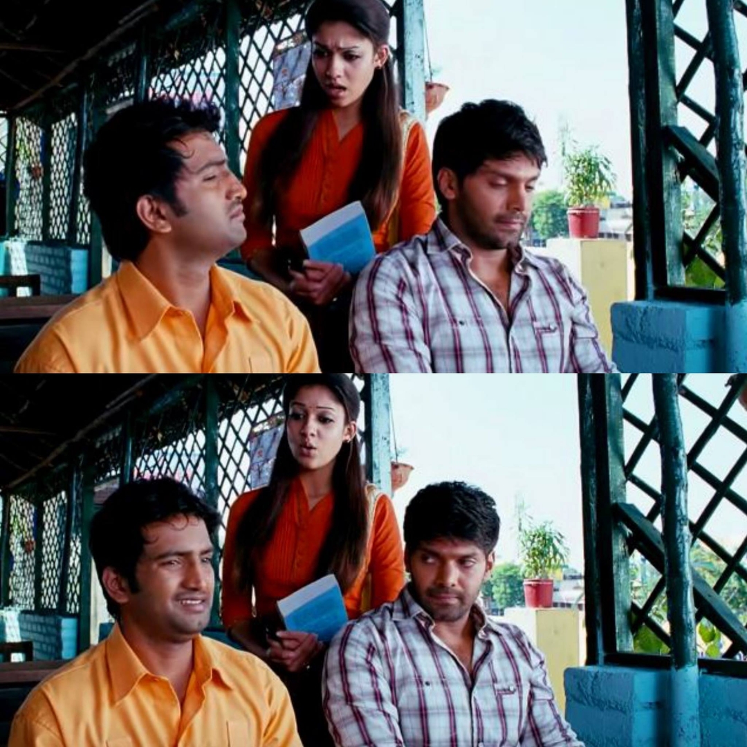 Boss Engira Baskaran meme template with Bhaskaran (Arya) with Nallathambi (Santhanam)