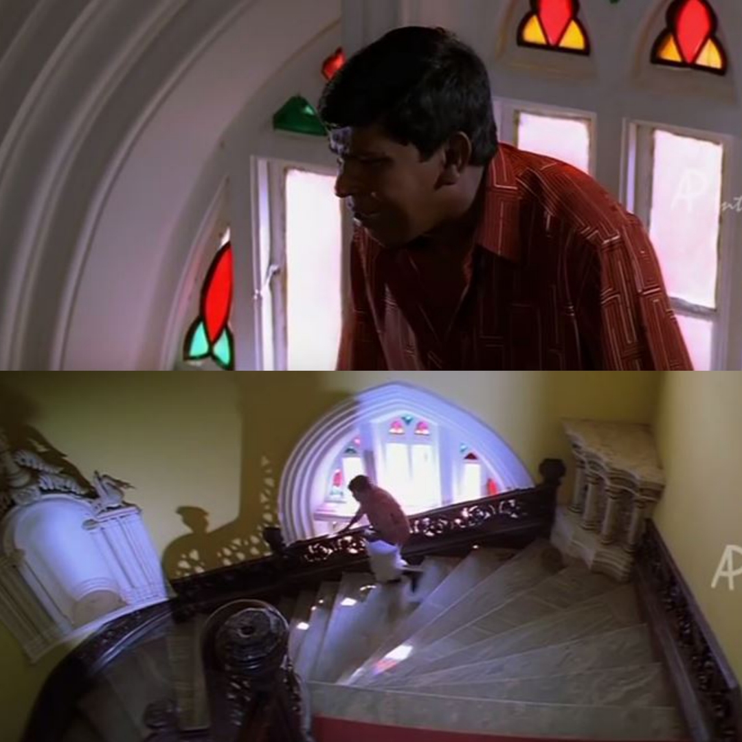 Chandramukhi meme template with Dr. Saravanan / Vettaiyan Raja (Rajinikanth) with Murugesan (Vadivelu)