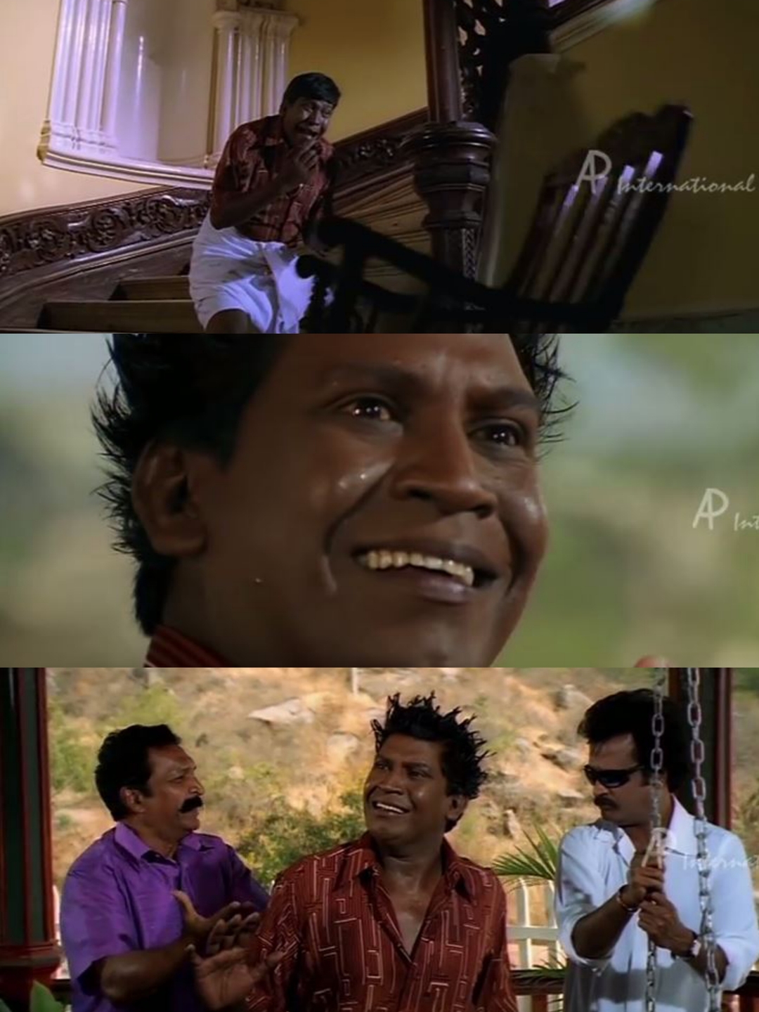 Chandramukhi meme template with Dr. Saravanan / Vettaiyan Raja (Rajinikanth) with Murugesan (Vadivelu)