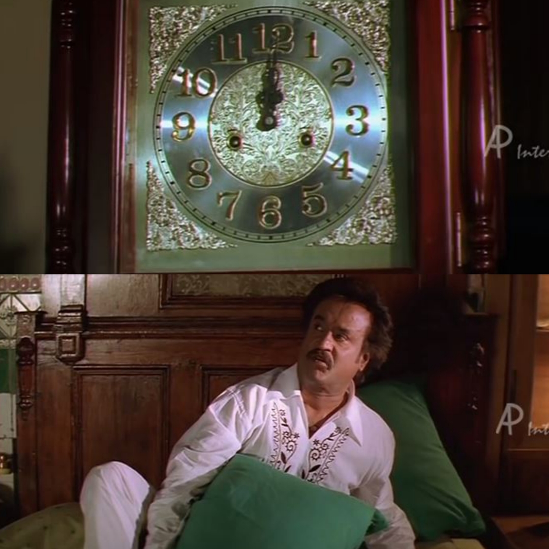 Chandramukhi meme template with Dr. Saravanan / Vettaiyan Raja (Rajinikanth) with Murugesan (Vadivelu)