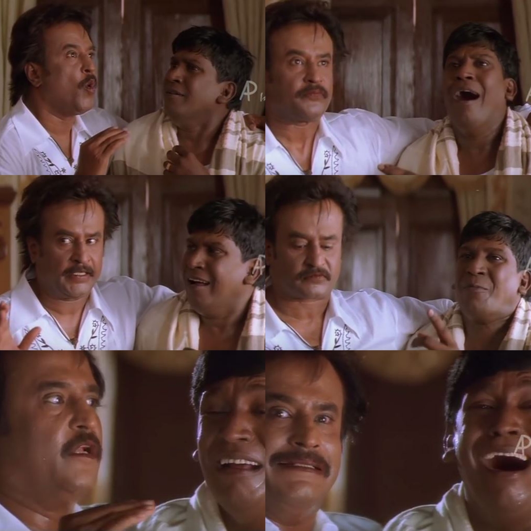 Chandramukhi meme template with Dr. Saravanan / Vettaiyan Raja (Rajinikanth) with Murugesan (Vadivelu)