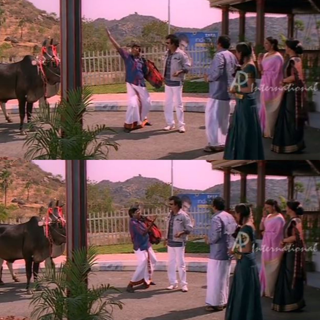 Chandramukhi meme template with Dr. Saravanan / Vettaiyan Raja (Rajinikanth) with Murugesan (Vadivelu)