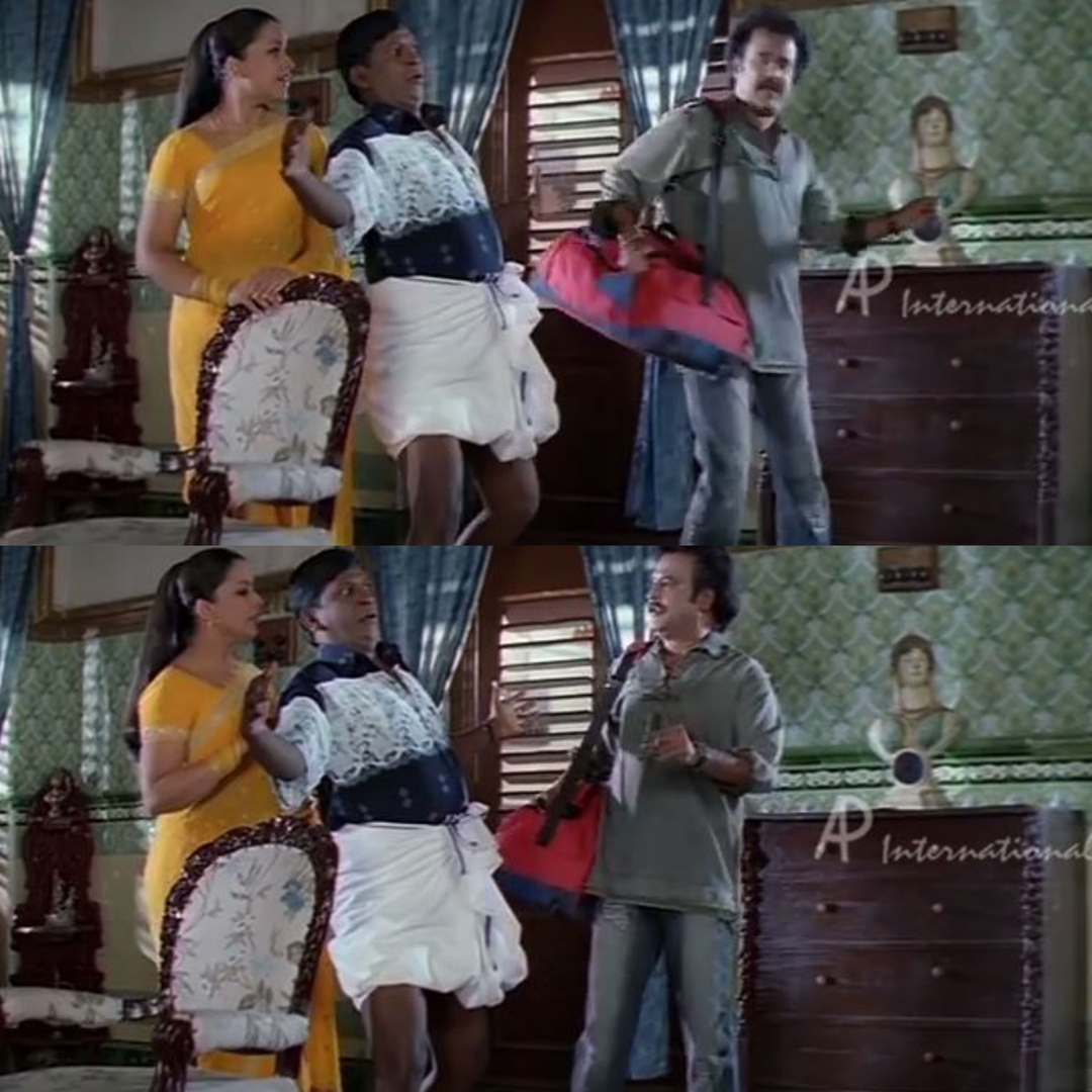 Chandramukhi meme template with Dr. Saravanan / Vettaiyan Raja (Rajinikanth) with Murugesan (Vadivelu) with Swarna (Suvarna Mathew)