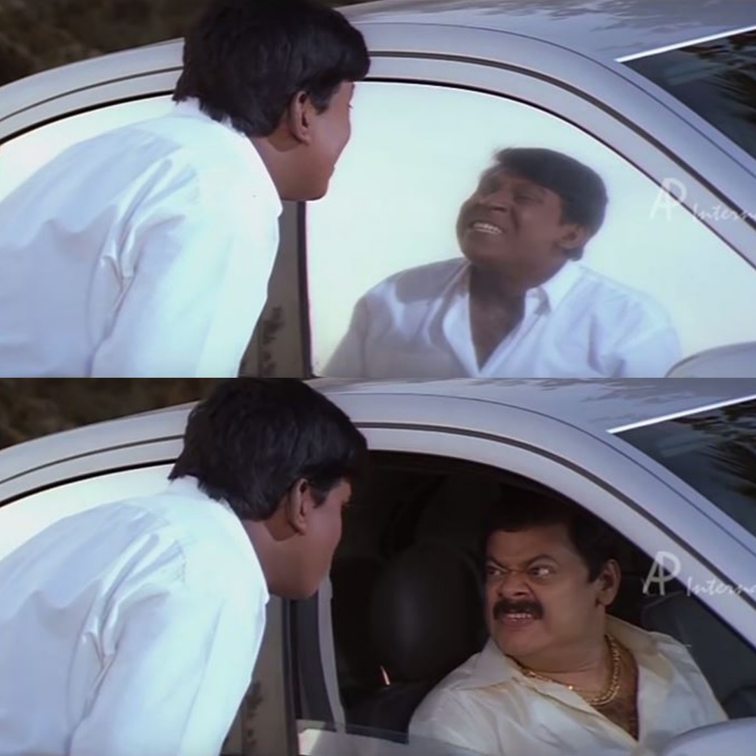 Chandramukhi meme template with Murugesan (Vadivelu) with Car Owner (Madhan Bob)