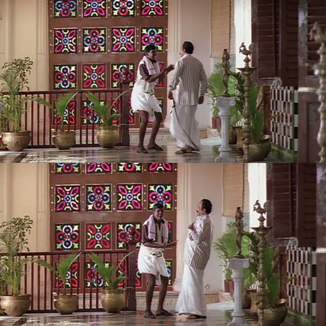 Chandramukhi meme template with Murugesan (Vadivelu) with Kandaswamy (Nassar)