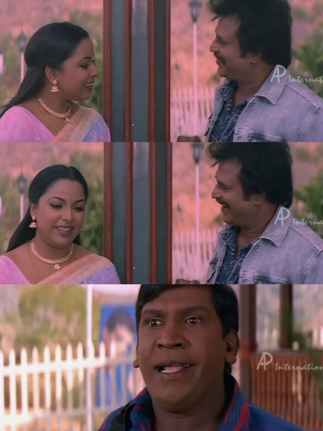 Chandramukhi meme template with Dr. Saravanan / Vettaiyan Raja (Rajinikanth) with Murugesan (Vadivelu) with Swarna (Suvarna Mathew)