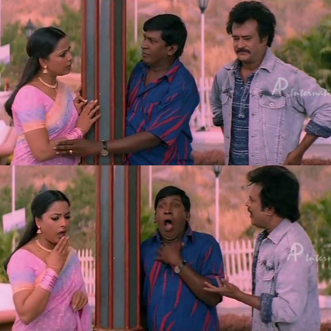 Chandramukhi meme template with Dr. Saravanan / Vettaiyan Raja (Rajinikanth) with Murugesan (Vadivelu)