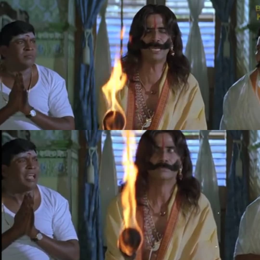 Chandramukhi meme template with Murugesan (Vadivelu) with Exorcist (Manobala)