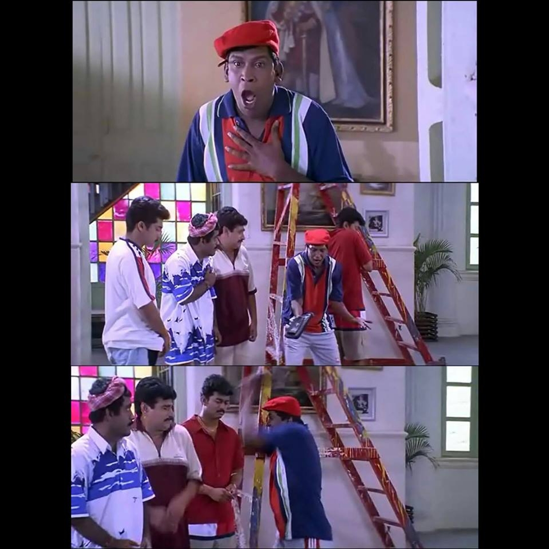 Friends meme template with Chandru (Suriya) with Contractor Nesamani (Vadivelu) with Aravindan (Vijay)