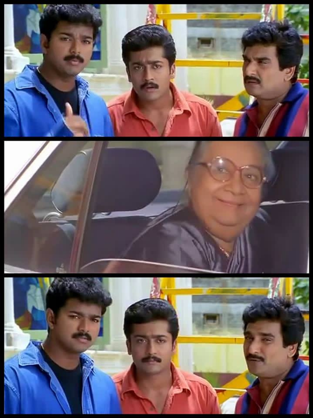 Friends meme template with Aravindan (Vijay) with Chandru (Suriya) with Krishnamoorthy (Ramesh Khanna)