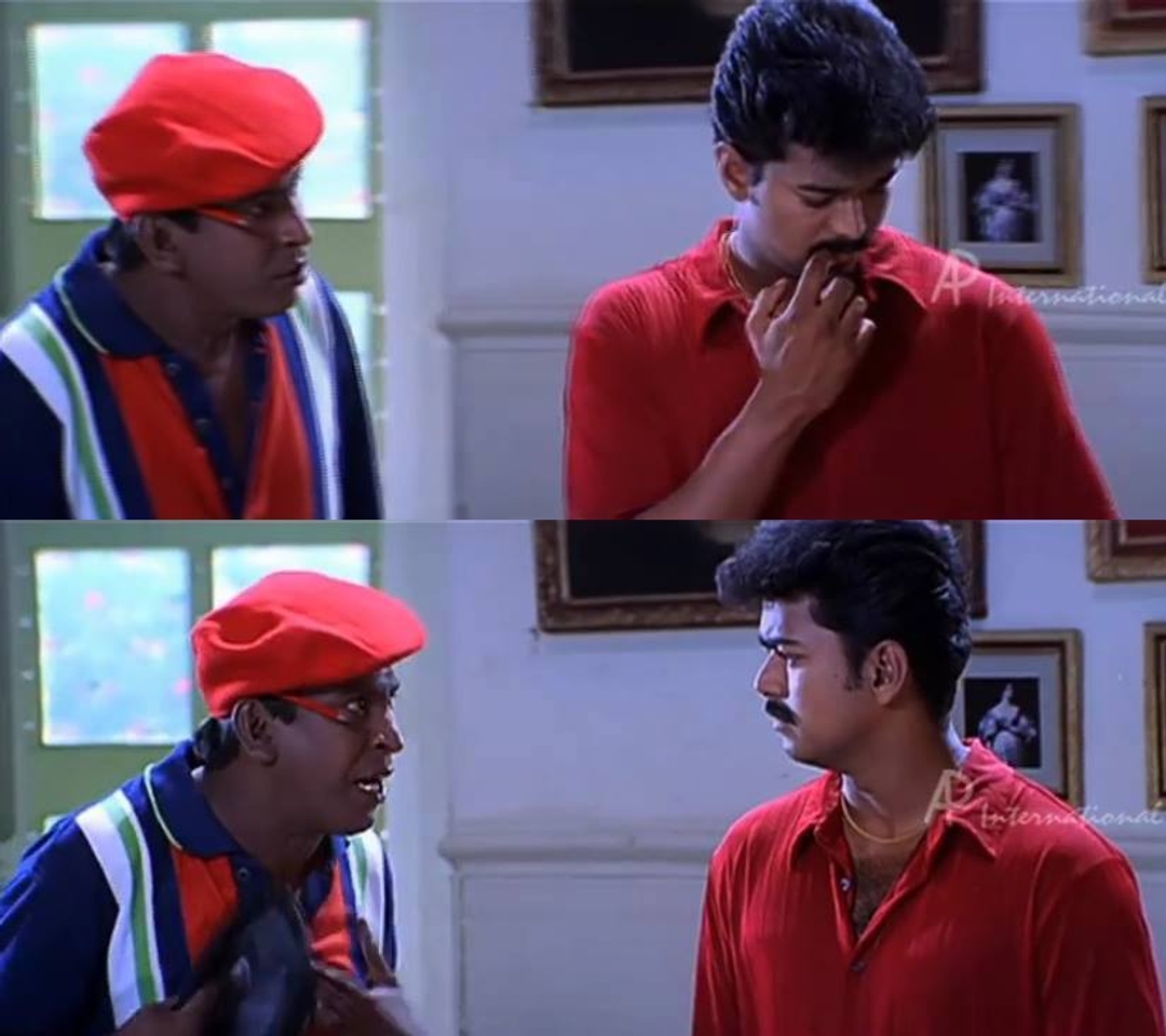 Friends meme template with Aravindan (Vijay) with Contractor Nesamani (Vadivelu)