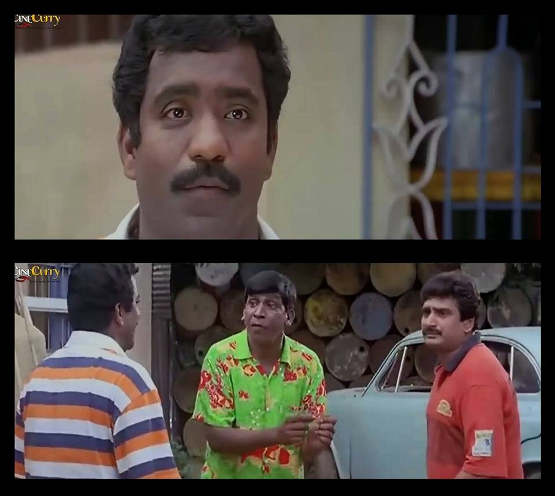 Friends meme template with Chandru (Suriya) with Contractor Nesamani (Vadivelu) with Aravindan (Vijay)