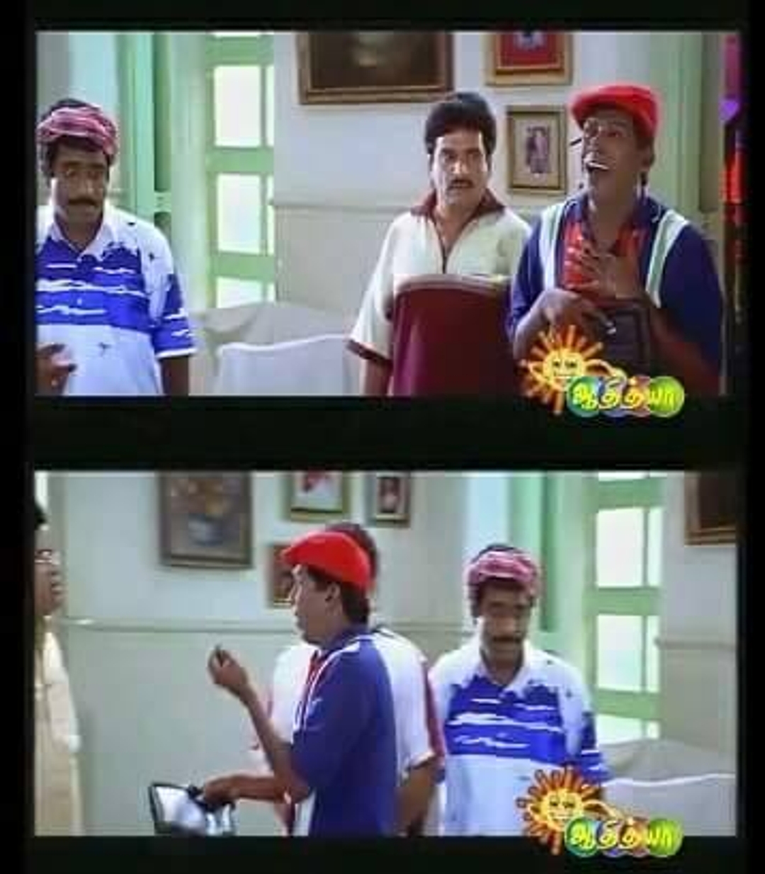 Friends meme template with Aravindan (Vijay) with Chandru (Suriya) with Contractor Nesamani (Vadivelu) with Krishnamoorthy (Ramesh Khanna)