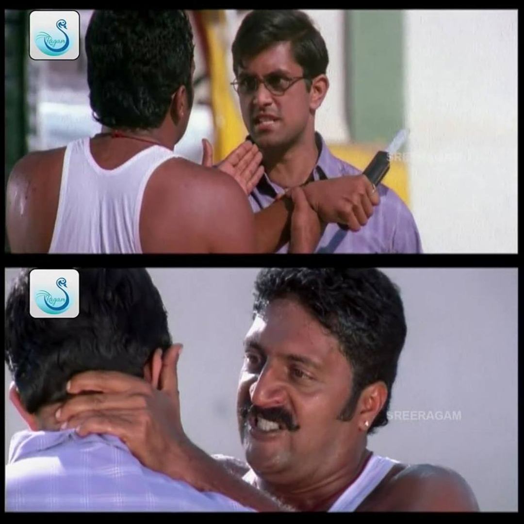 Ghilli meme template with Saravanavelu (Vijay) with Muthupandi (Prakash Raj)