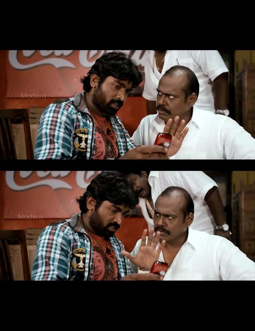 Idharkuthane Aasaipattai Balakumara meme template with Kumaravel (Sumar Moonji Kumar) (Vijay Sethupathi) with Annachi (Pasupathy)