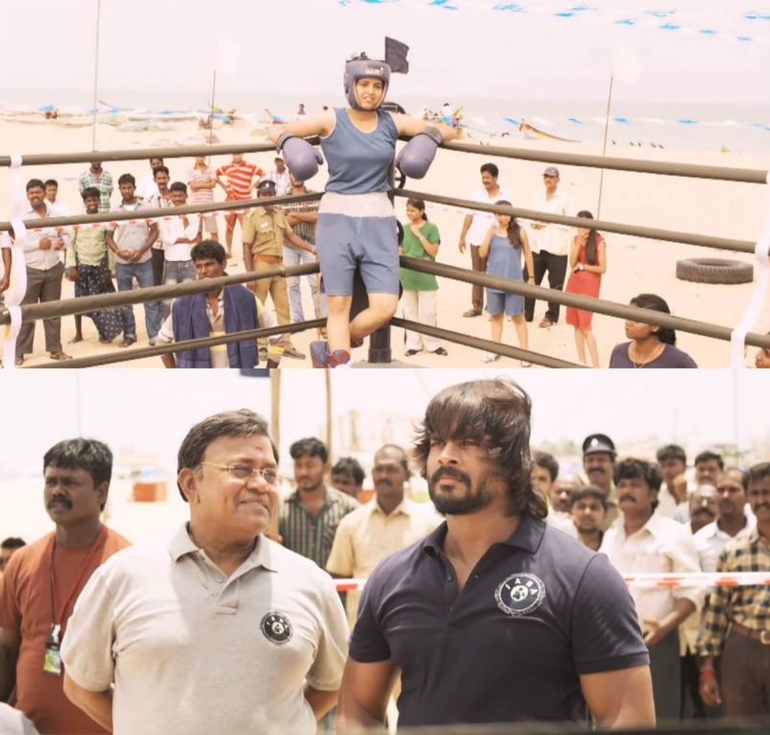 Irudhi Suttru meme template with Prabhu Selvaraj (R. Madhavan) with Muralikrishnan (Radha Ravi) with Madhi (Ritika Singh)