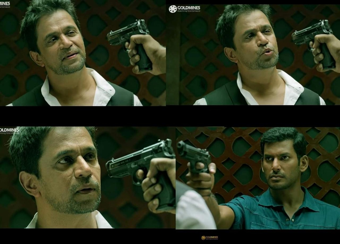 Irumbu Thirai meme template with Sathya murthy / White Devil (Arjun Sarja) with Major R. Kathiravan (Vishal Krishna)