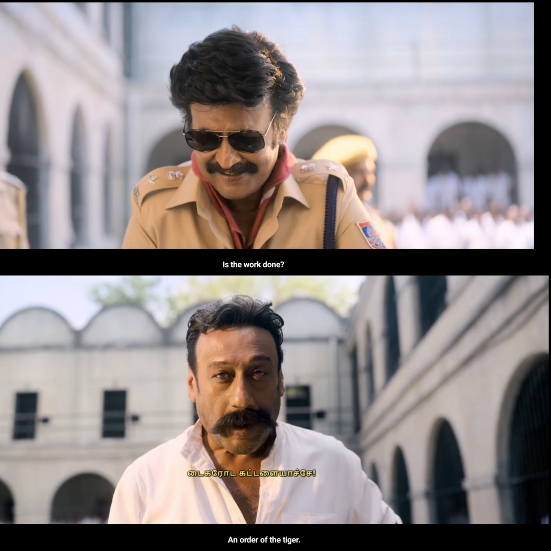 Jailer meme template with Muthuvel "Tiger" Pandian (Rajinikanth) with Kamdev (Jackie Shroff)