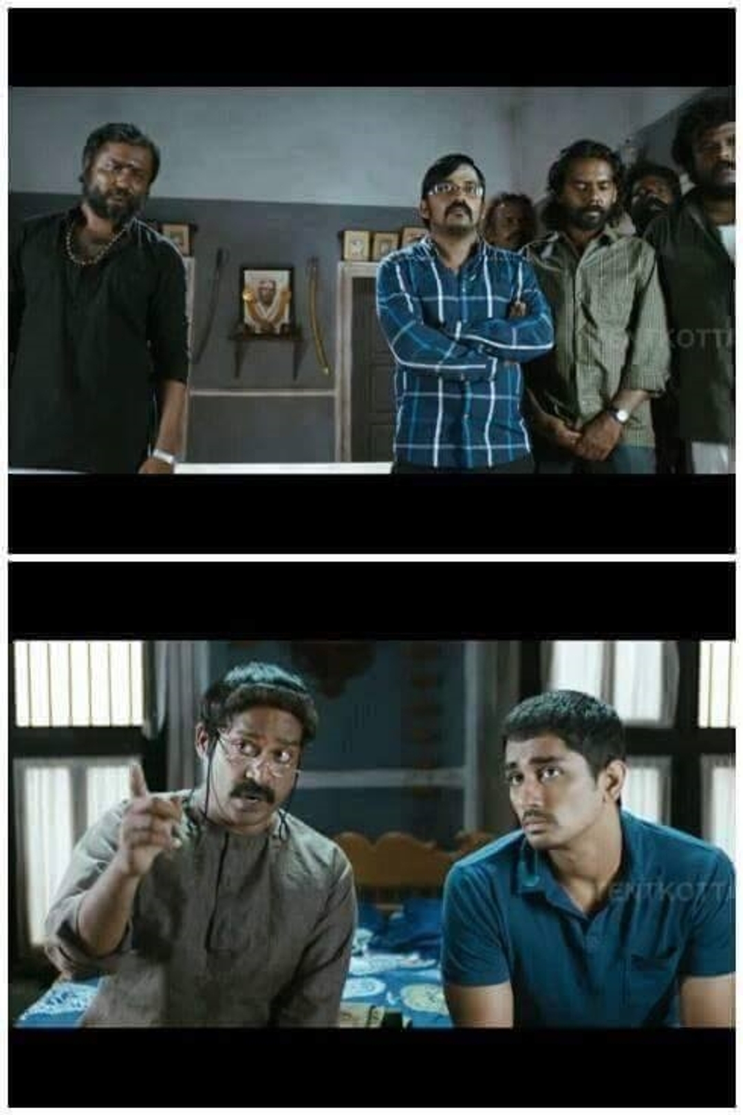 Jigarthanda meme template with Karthik (Siddharth) with "Assault" Sethu (Bobby Simha) with Muthu (Guru Somasundaram) with Rasu (Ramachandran Durairaj) with Oorani (Karunakaran)