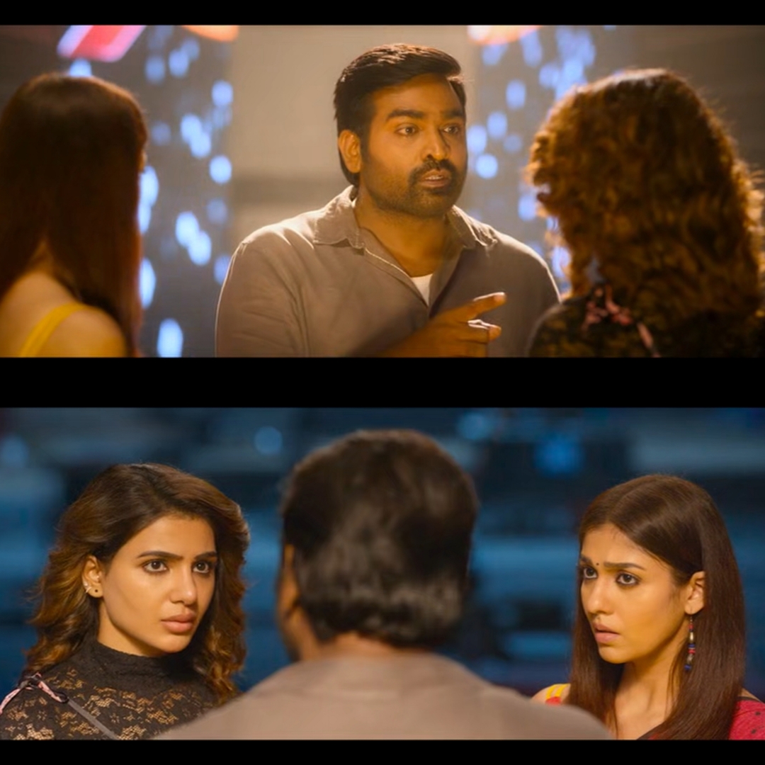 Kaathuvaakula Rendu Kaadhal meme template with Ranjangudi Anbarasu Murugesa 'Rambo' Boopathy Oohindhiran (Vijay Sethupathi) with Kanmani (Nayanthara) with Khatija (Samantha Ruth Prabhu)