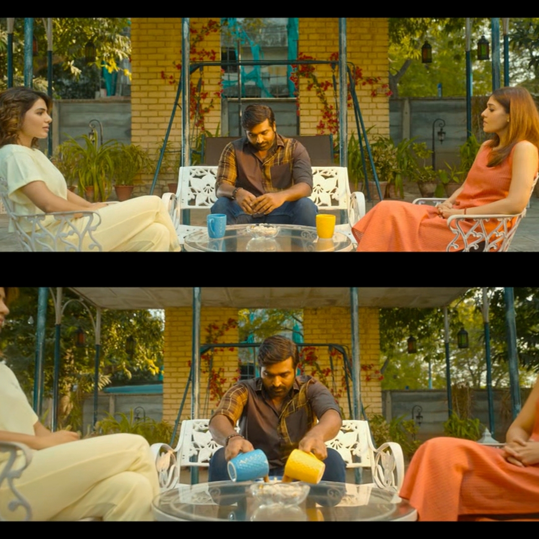 Kaathuvaakula Rendu Kaadhal meme template with Ranjangudi Anbarasu Murugesa 'Rambo' Boopathy Oohindhiran (Vijay Sethupathi) with Khatija (Samantha Ruth Prabhu) with Kanmani (Nayanthara)