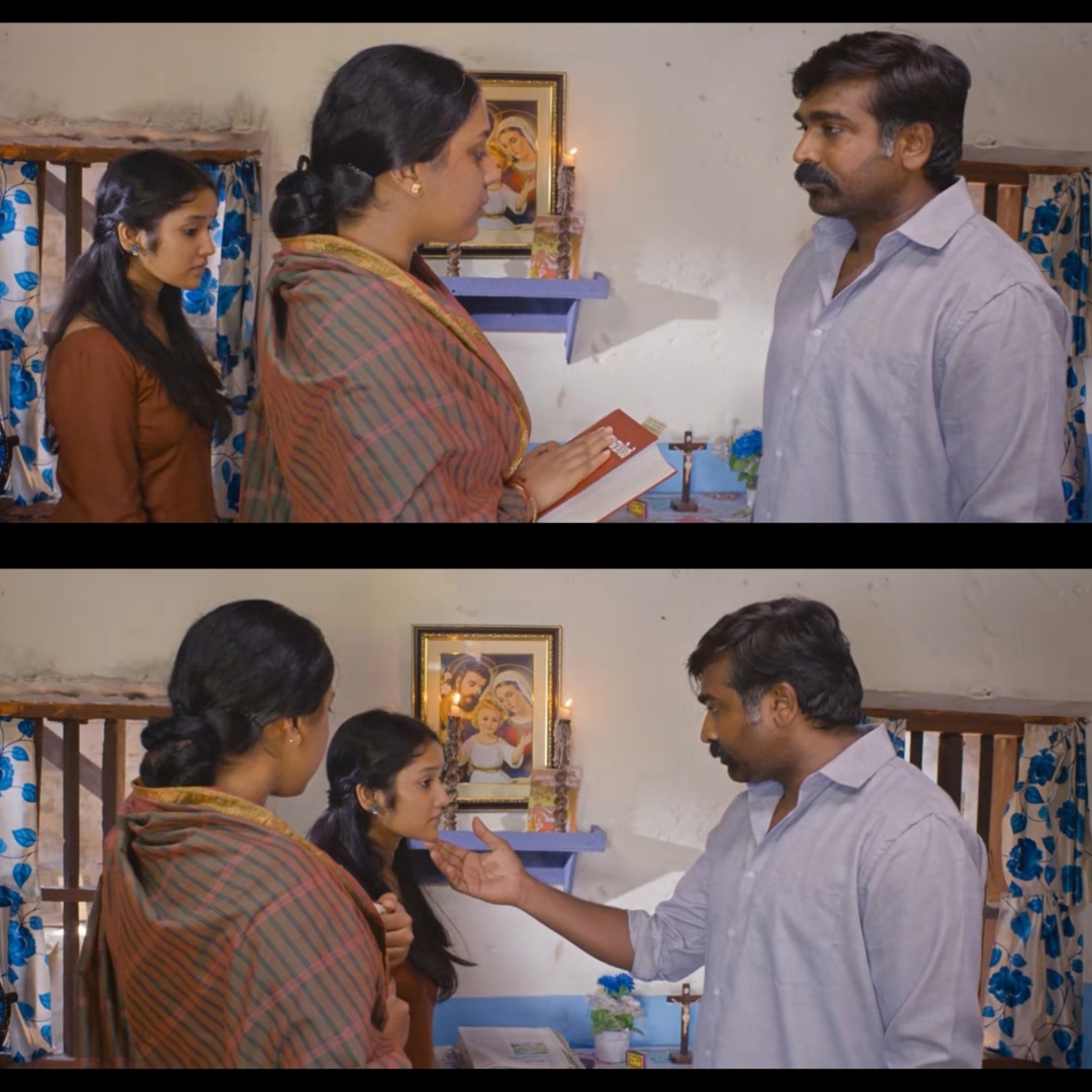 The Great Man meme template with Radhakrishnan (Vijay Sethupathi) with Philomi (Jewel Mary) with Anikha (Anikha Surendran)