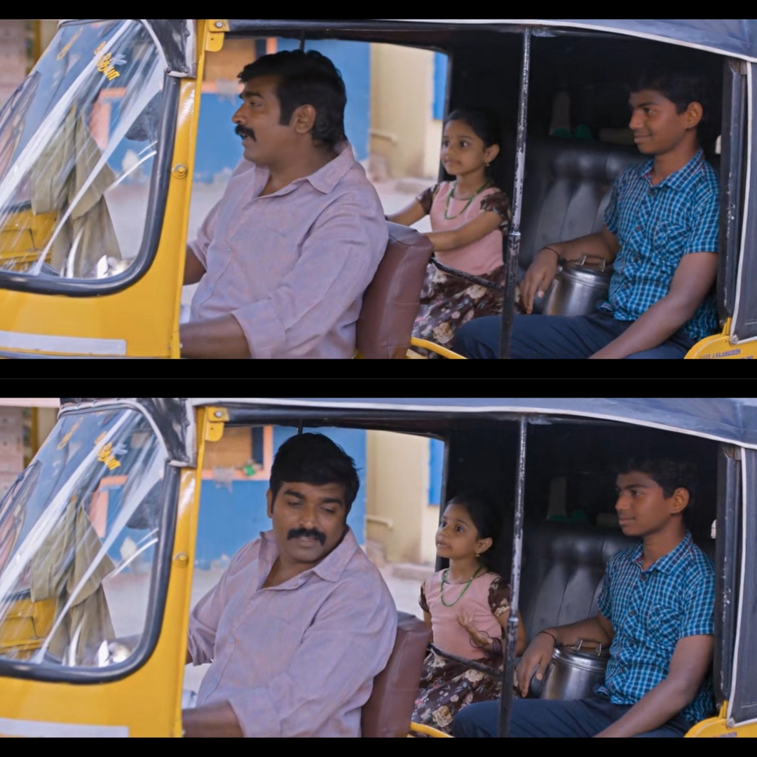 The Great Man meme template with Radhakrishnan (Vijay Sethupathi) with Nithya (Manasvi Kottachi)