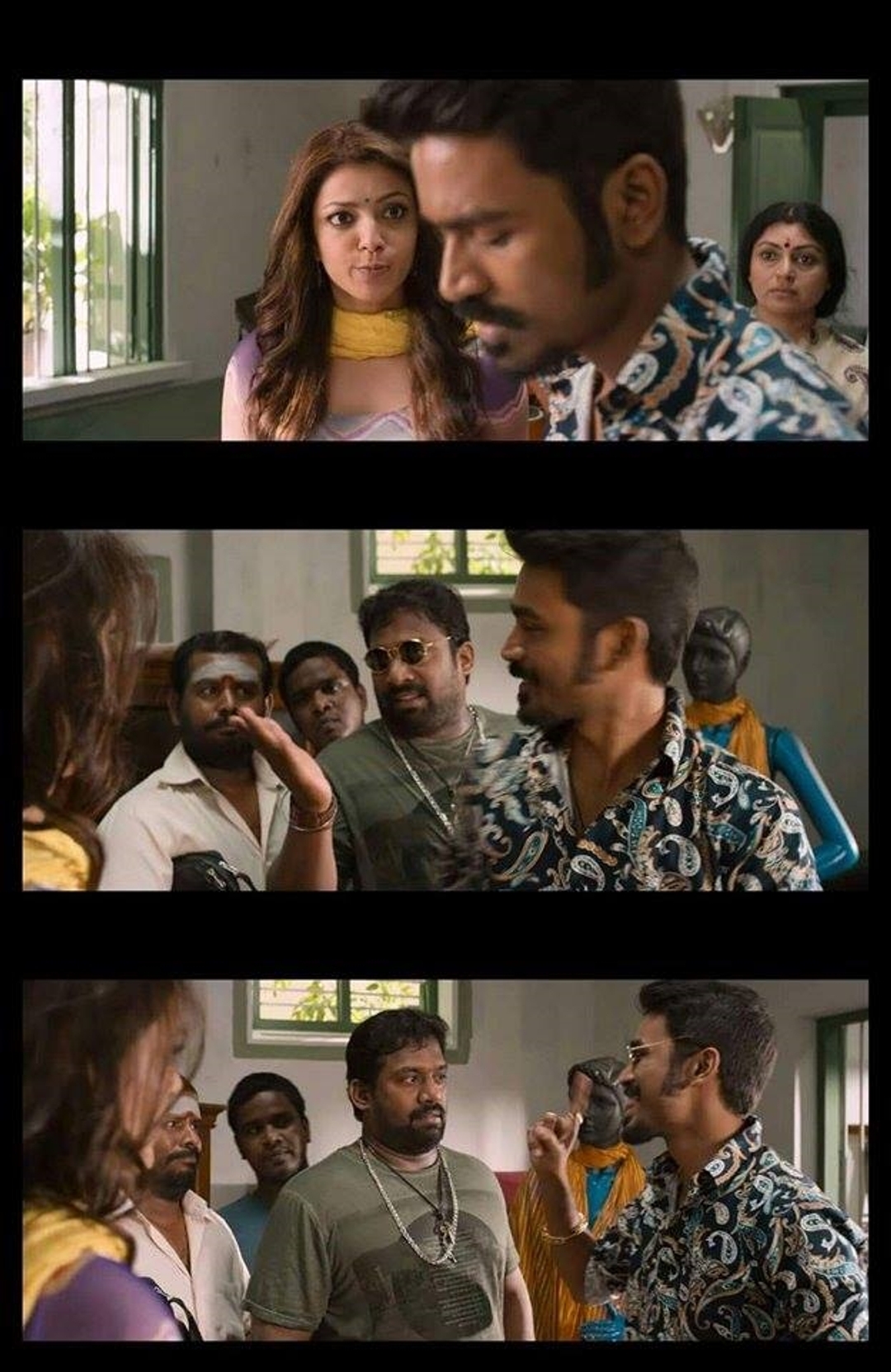 Maari meme template with Maari (Dhanush) with Sridevi (Kajal Agarwal) with Sridevi's mother (Sriranjini)