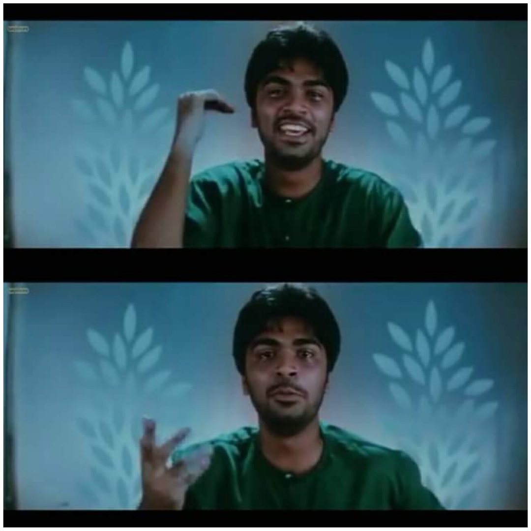 Manmadhan meme template with 'Manmadhan' Madhan Kumar / 'Mottamadhan' Madhan Raj (Silambarasan)