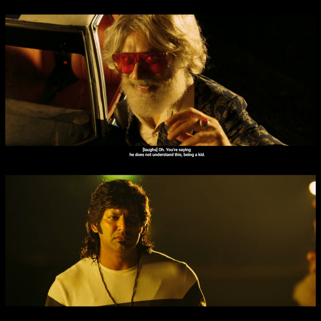 Mark Antony meme template with Mark/Antony (Vishal Krishna) with Jackie Pandian / Madhan Pandiyan (S. J. Suryah)