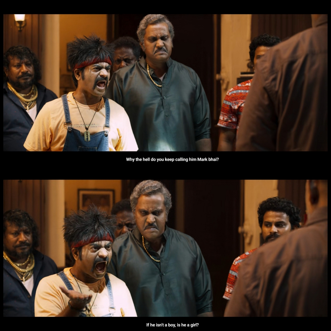 Mark Antony meme template with Mark/Antony (Vishal Krishna) with Ekambaram (Sunil Varma)