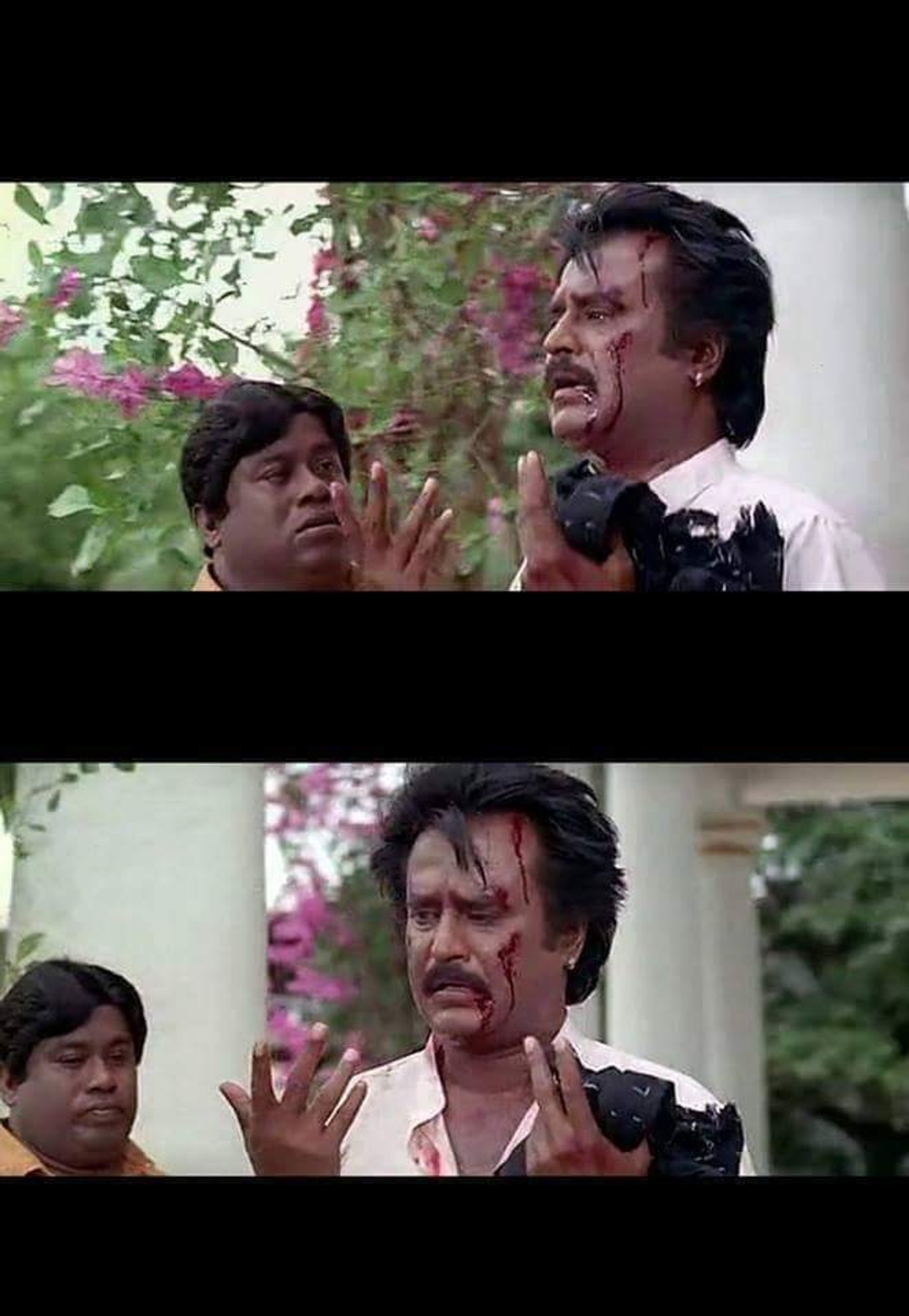 Muthu meme template with Muthu / Zamindar (Muthu's father) (Rajinikanth) with Thennappan (Senthil)