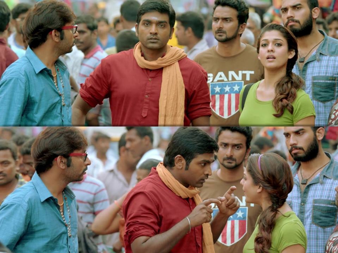 Naanum Rowdydhaan meme template with 'Pondy' Pandi (Vijay Sethupathi) with Kadambari (Nayanthara) with Junior Rowdy (Balaji Patturaj)