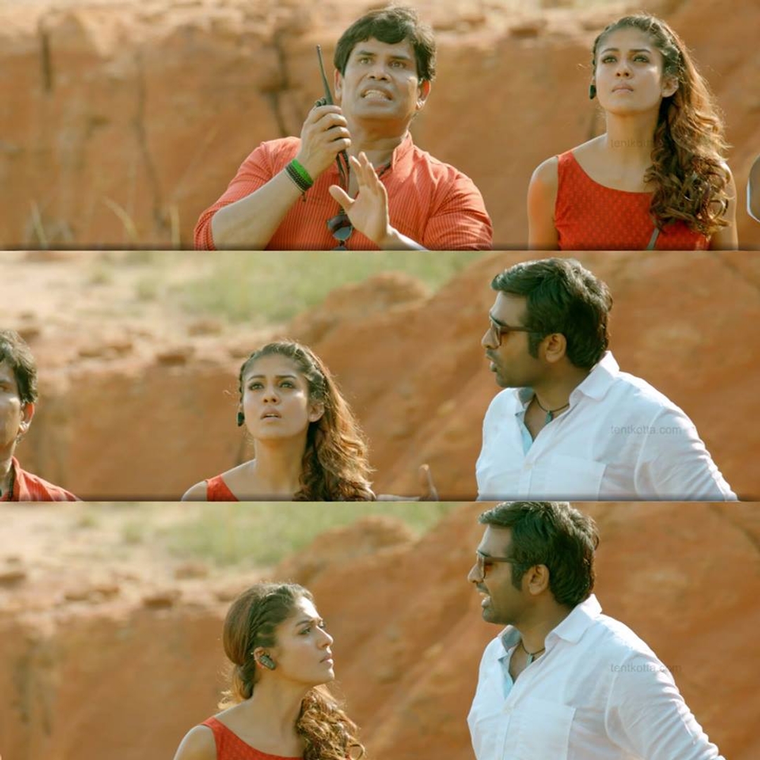 Naanum Rowdydhaan meme template with 'Pondy' Pandi (Vijay Sethupathi) with Kadambari (Nayanthara) with Pondicherry Don (Anandaraj)