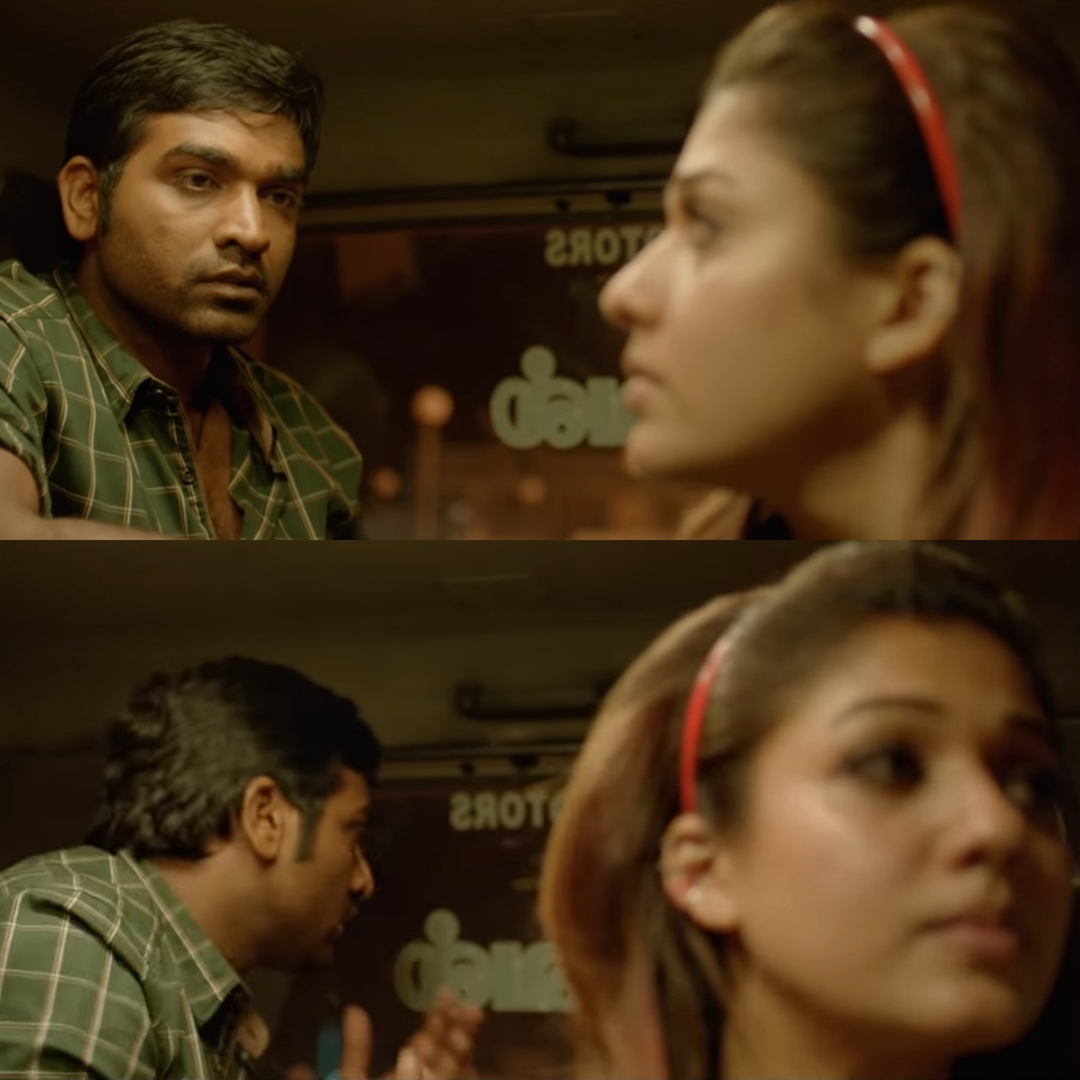 Naanum Rowdydhaan meme template with 'Pondy' Pandi (Vijay Sethupathi) with Kadambari (Nayanthara)