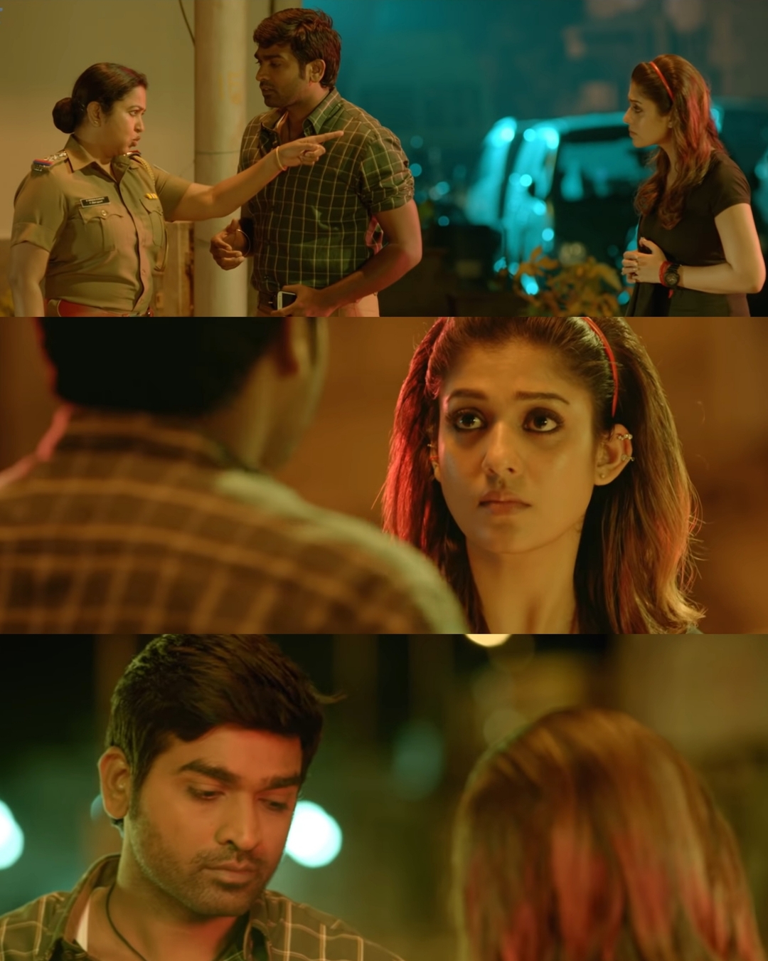 Naanum Rowdydhaan meme template with 'Pondy' Pandi (Vijay Sethupathi) with Kadambari (Nayanthara) with Inspector Meenakumari (Radhika Sarathkumar)