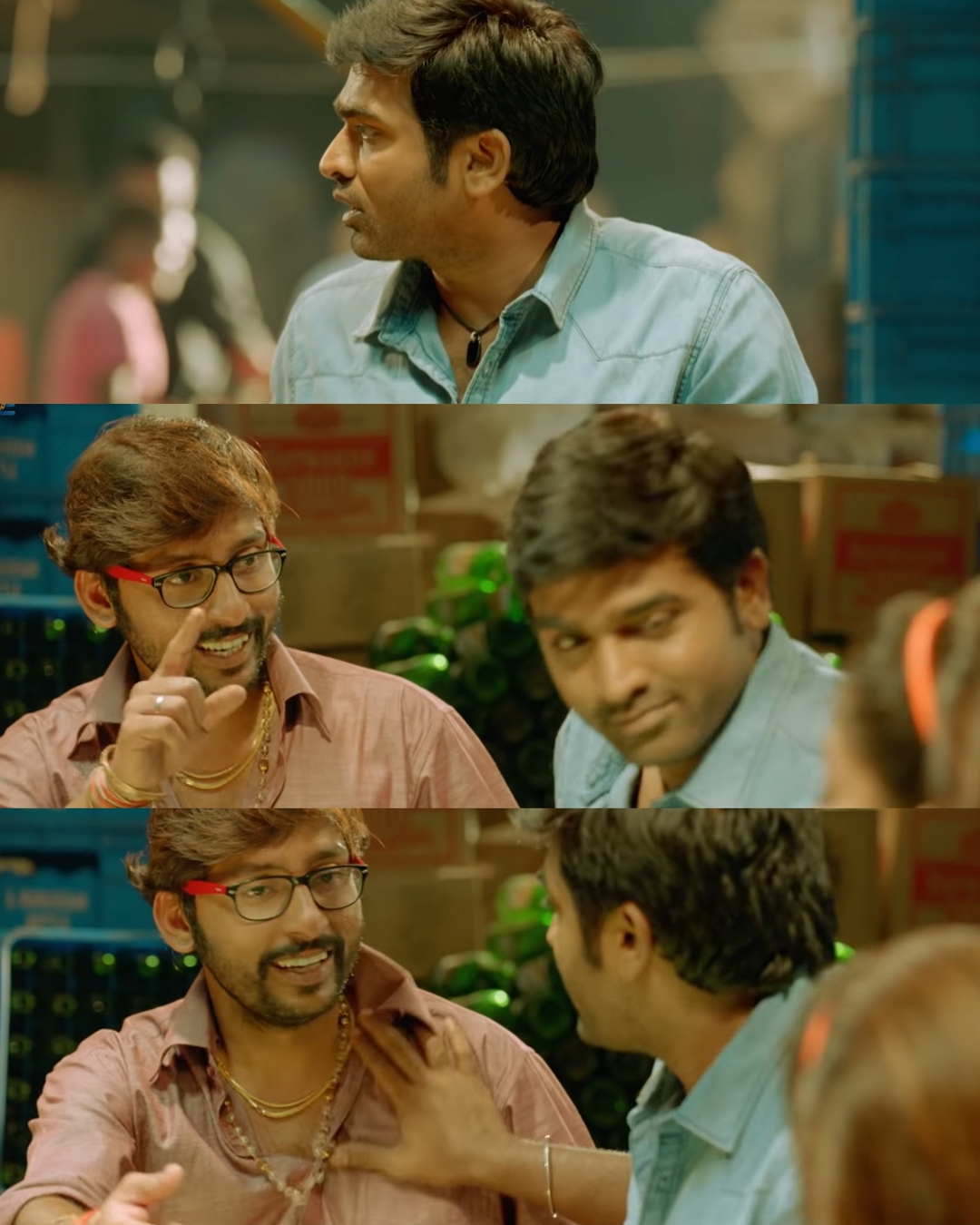 Naanum Rowdydhaan meme template with 'Pondy' Pandi (Vijay Sethupathi) with Kadambari (Nayanthara) with Junior Rowdy (Balaji Patturaj)