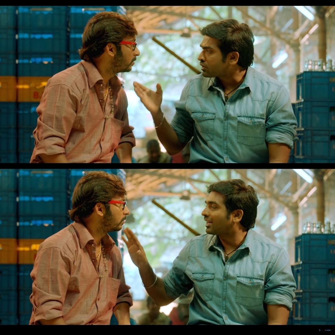 Naanum Rowdydhaan meme template with 'Pondy' Pandi (Vijay Sethupathi) with Junior Rowdy (Balaji Patturaj)