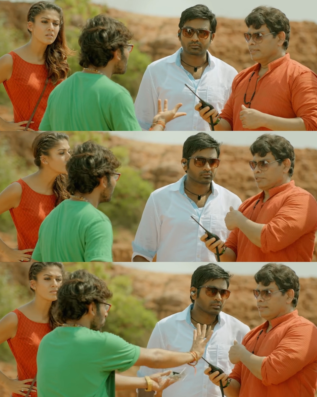 Naanum Rowdydhaan meme template with 'Pondy' Pandi (Vijay Sethupathi) with Kadambari (Nayanthara) with Junior Rowdy (Balaji Patturaj) with Pondicherry Don (Anandaraj)