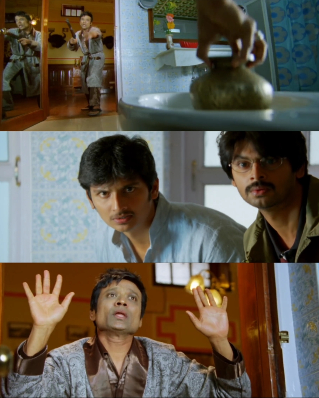 Nanban meme template with Sevarkodi Senthil (Jiiva) with Venkat Ramakrishnan (Srikanth) with Panchavan Pariventhan (S. J. Suryah)