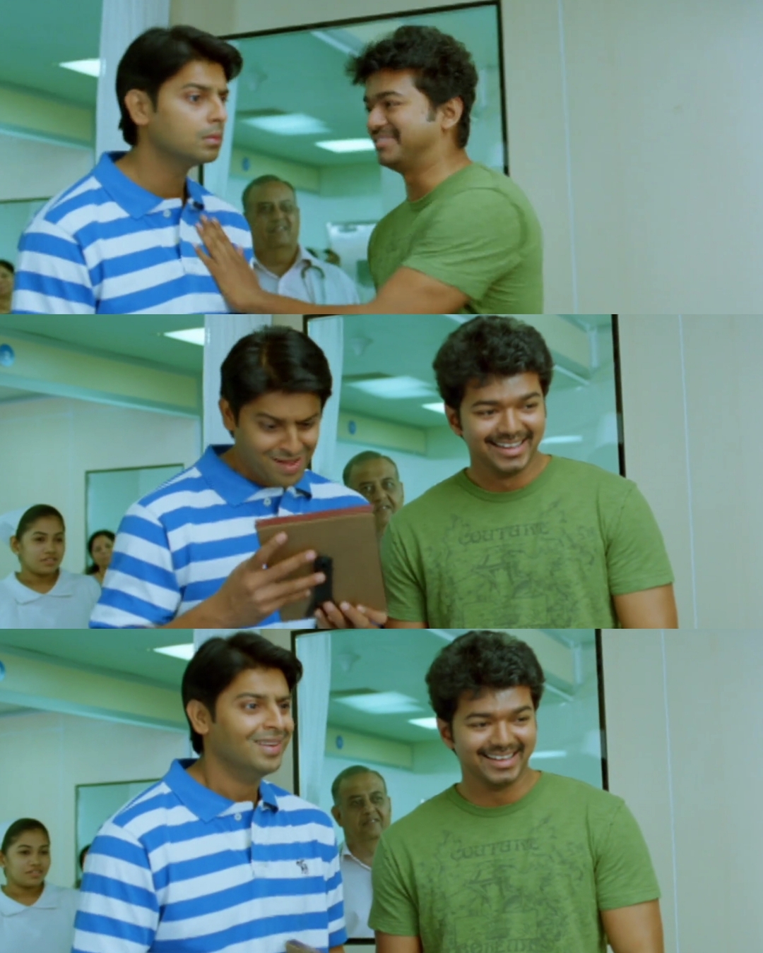 Nanban meme template with Panchavan "Pari" Pariventhan/Kosaksi "Pappu" Pasapugazh (Vijay) with Venkat Ramakrishnan (Srikanth) with Sevarkodi Senthil (Jiiva)