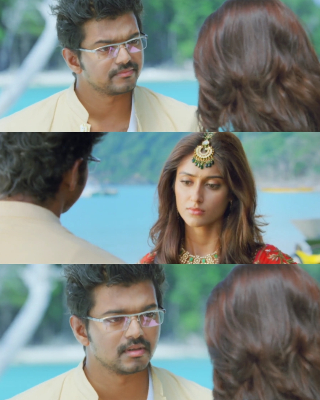 Nanban meme template with Panchavan "Pari" Pariventhan/Kosaksi "Pappu" Pasapugazh (Vijay) with Ria Santhanam (Ileana D'Cruz)