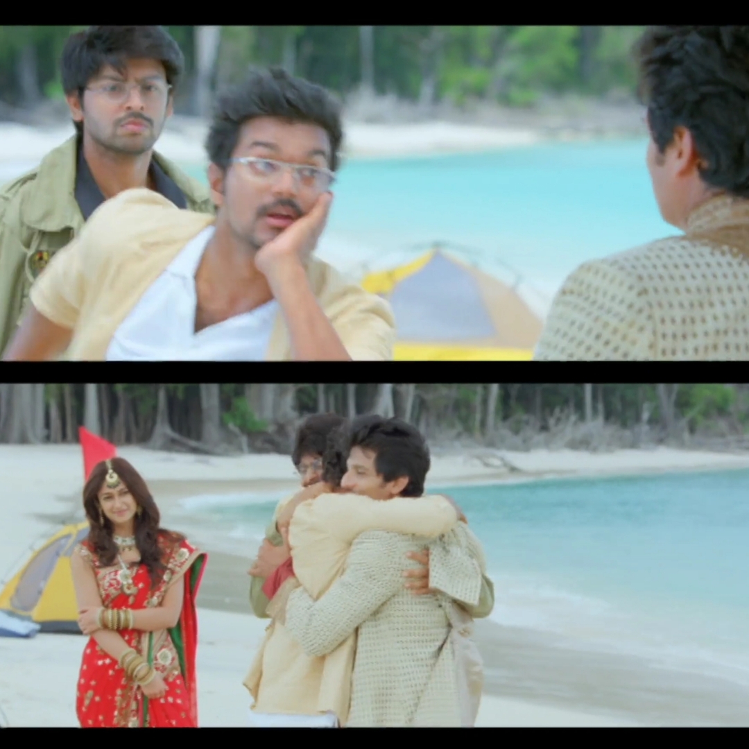 Nanban meme template with Panchavan "Pari" Pariventhan/Kosaksi "Pappu" Pasapugazh (Vijay) with Sevarkodi Senthil (Jiiva) with Venkat Ramakrishnan (Srikanth) with Ria Santhanam (Ileana D'Cruz)