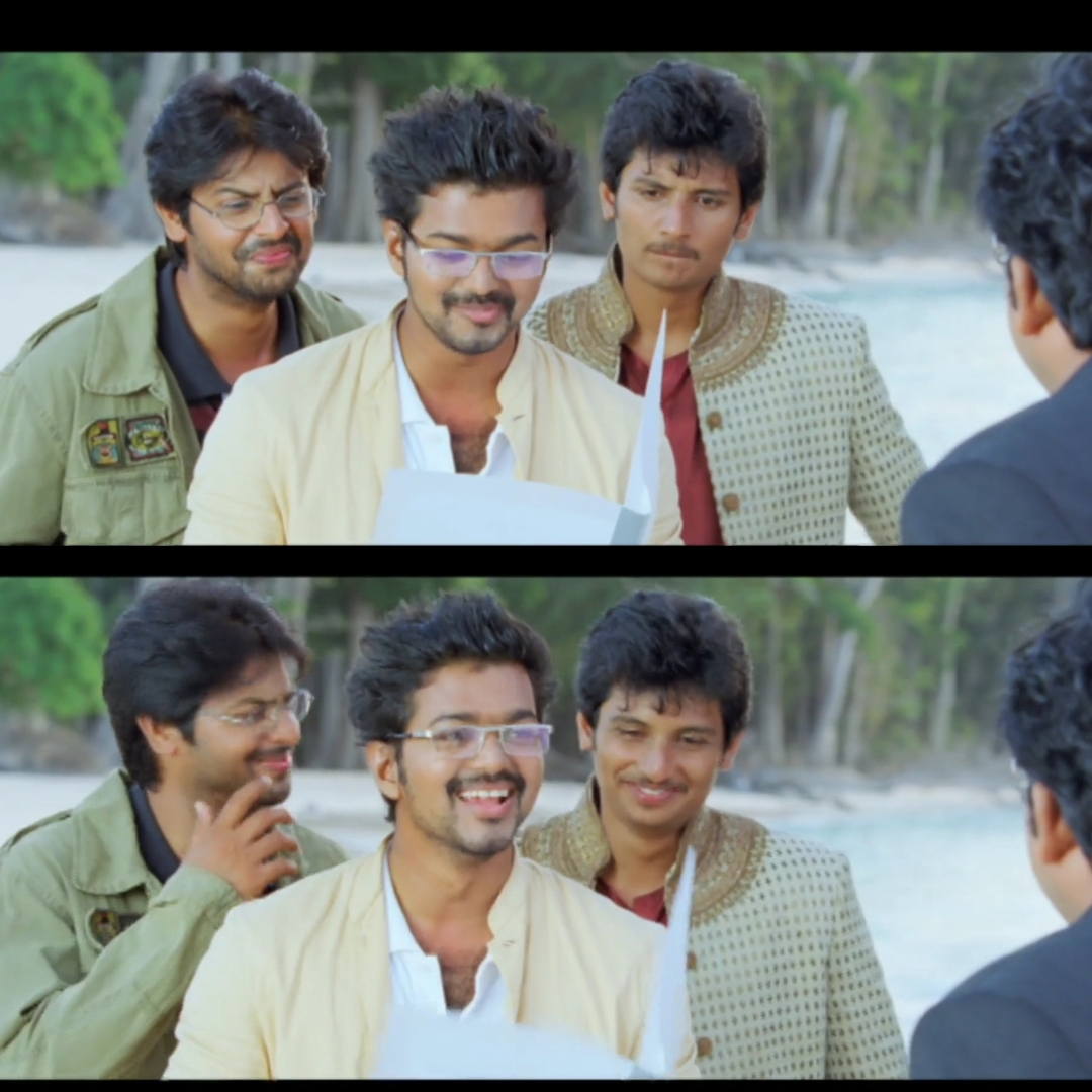 Nanban meme template with Panchavan "Pari" Pariventhan/Kosaksi "Pappu" Pasapugazh (Vijay) with Sevarkodi Senthil (Jiiva) with Venkat Ramakrishnan (Srikanth) with Srivatsan (Silencer) (Sathyan Sivakumar)