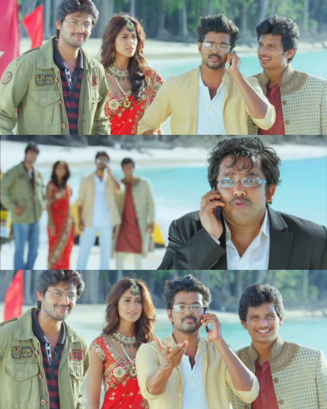 Nanban meme template with Panchavan "Pari" Pariventhan/Kosaksi "Pappu" Pasapugazh (Vijay) with Sevarkodi Senthil (Jiiva) with Venkat Ramakrishnan (Srikanth) with Ria Santhanam (Ileana D'Cruz) with Srivatsan (Silencer) (Sathyan Sivakumar)